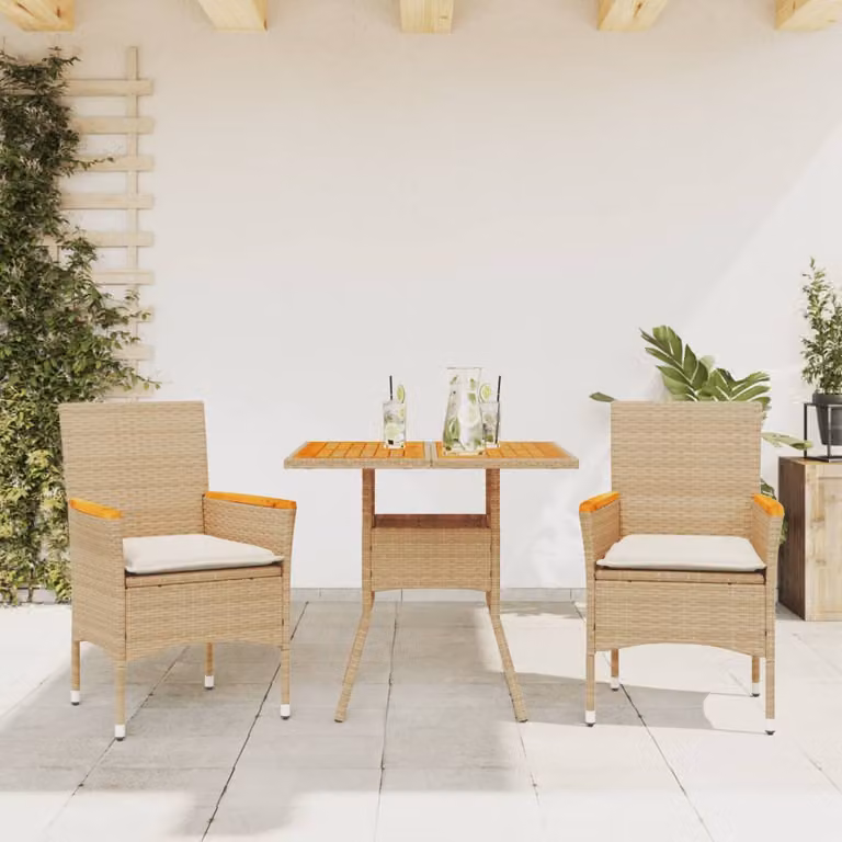 Set Pranzo da Giardino vidaXL in Polyrattan e Legno di Acacia con Cuscini Beige e Bianchi, 3 Pezzi