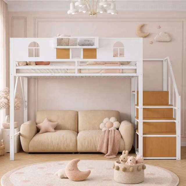 Letto a soppalco in metallo 140x200 cm con scaletta contenitore, pannelli in legno e rete, struttura stabile bianca