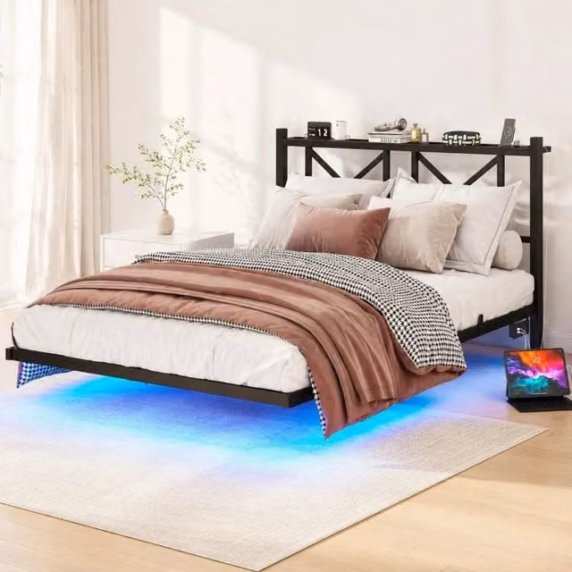 Letto matrimoniale 140x200 cm sospeso in metallo con LED e stazione di ricarica
