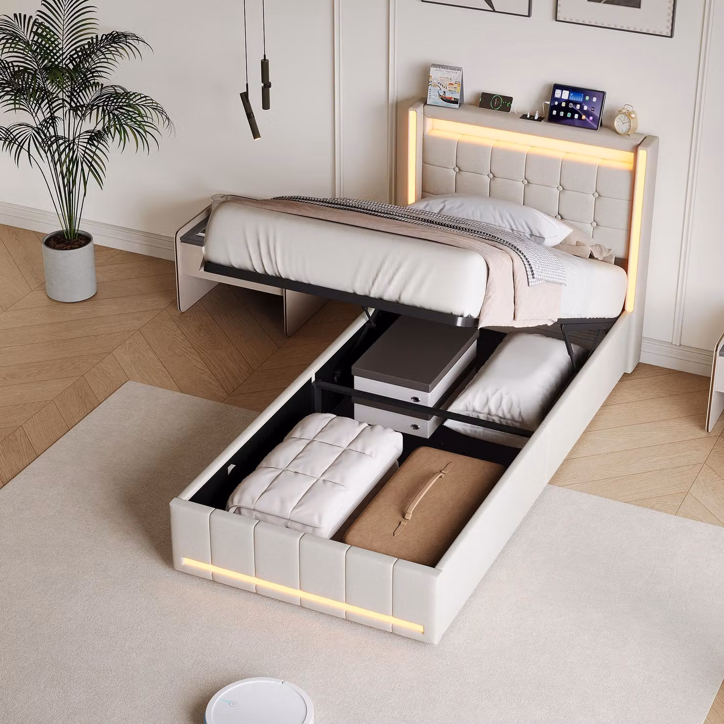Letto imbottito REMZETTA, 90x200 cm, beige, con LED, spazio contenitore, porta USB-C e rete a molle idraulica