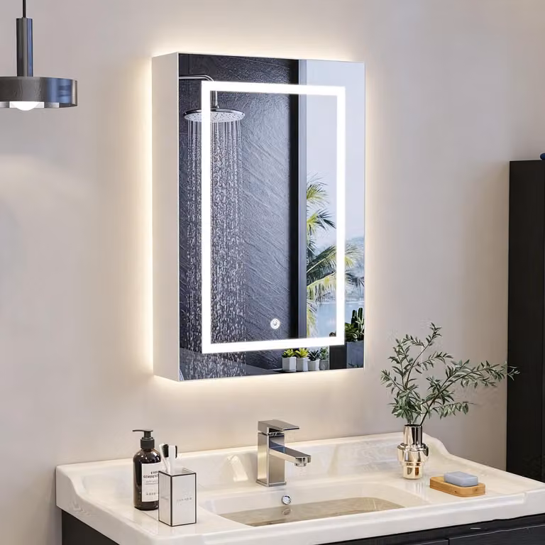 INONEFT, mobiletto da bagno con specchio e illuminazione, 50 x 70 x 12,5 cm, armadietto da bagno con luce e ripiani regolabili, mobiletto bagno, mobile a muro, bianco