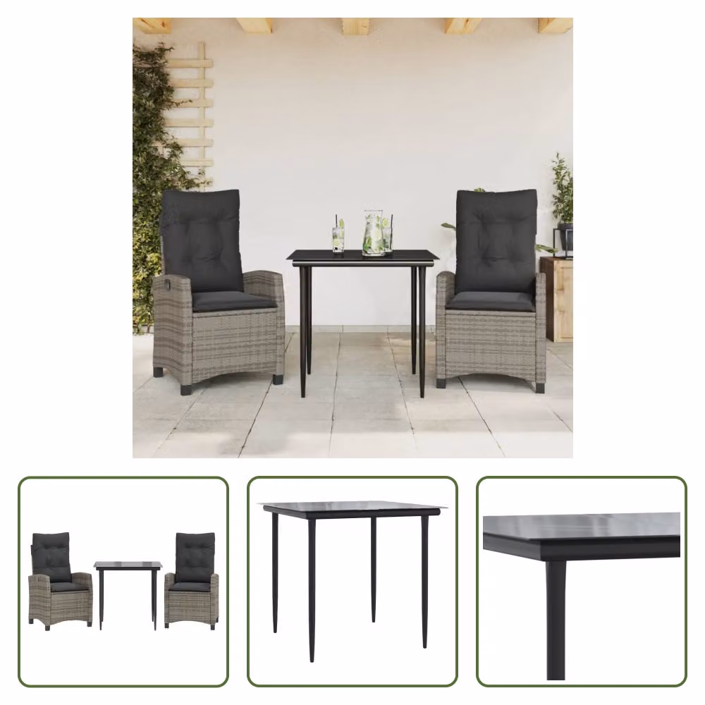 The Living Store Set da pranzo da giardino in 3 pezzi con cuscini in poly rattan grigio
