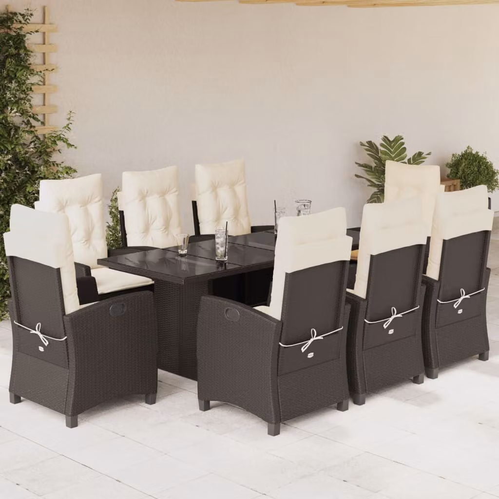 Set da pranzo da giardino vidaXL in polyrattan marrone con 9 pezzi e cuscini bianchi – 1