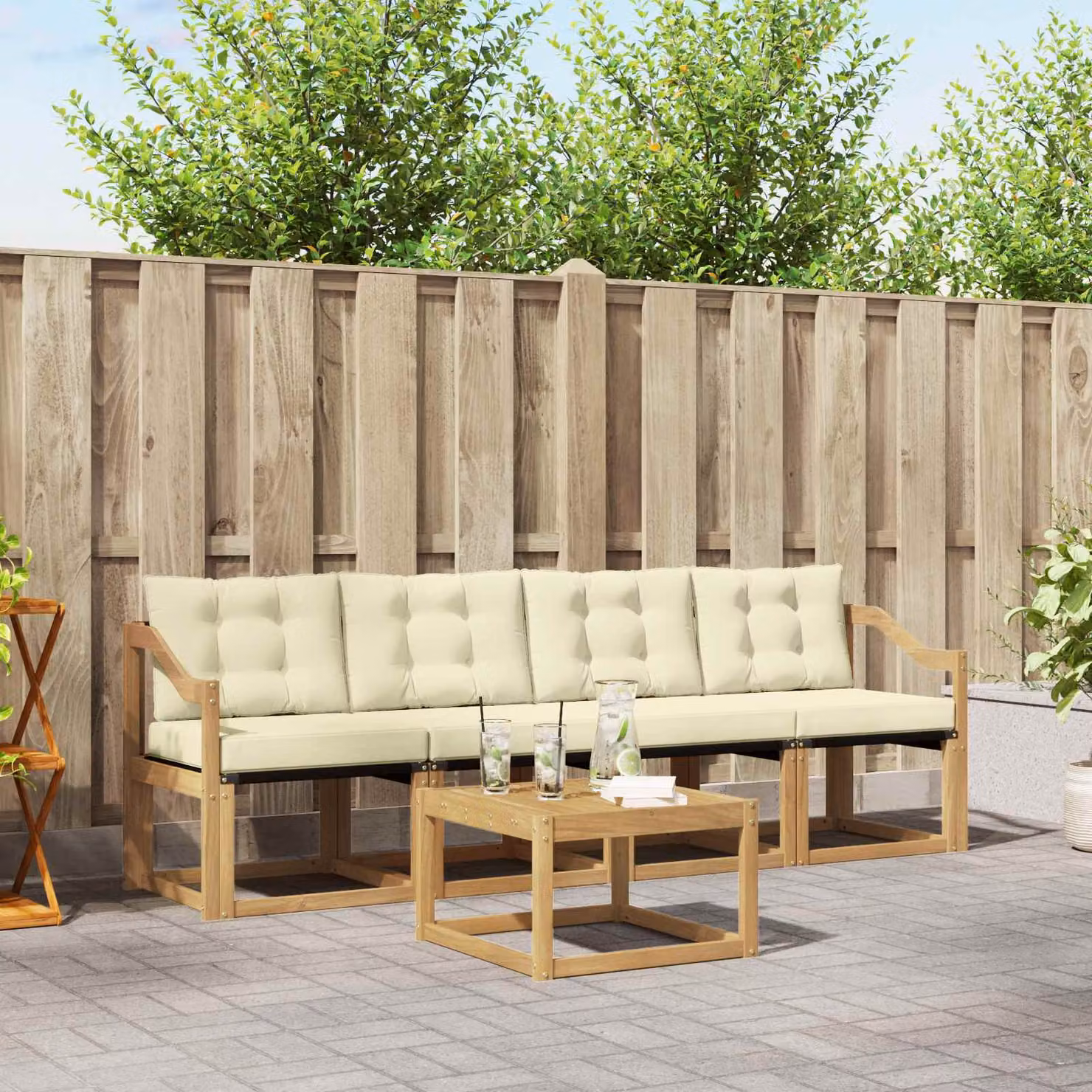 Set di divani da esterno vidaXL 5 pezzi in legno di acacia con cuscini, bianco, beige e marrone