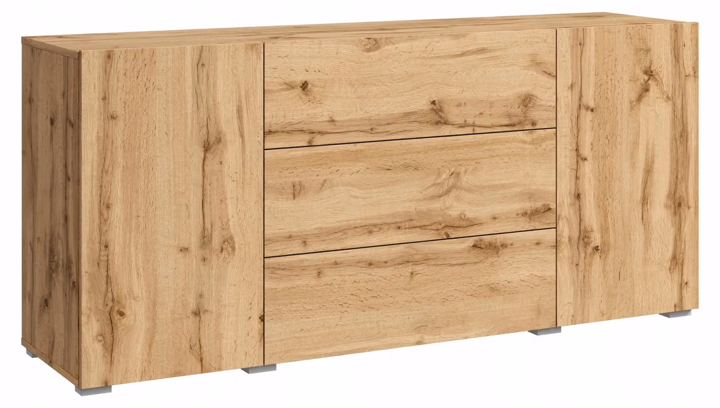 Comò moderno, altezza 150 cm, modello a pavimento, con 3 cassetti e 2 ante, finitura rovere wotan