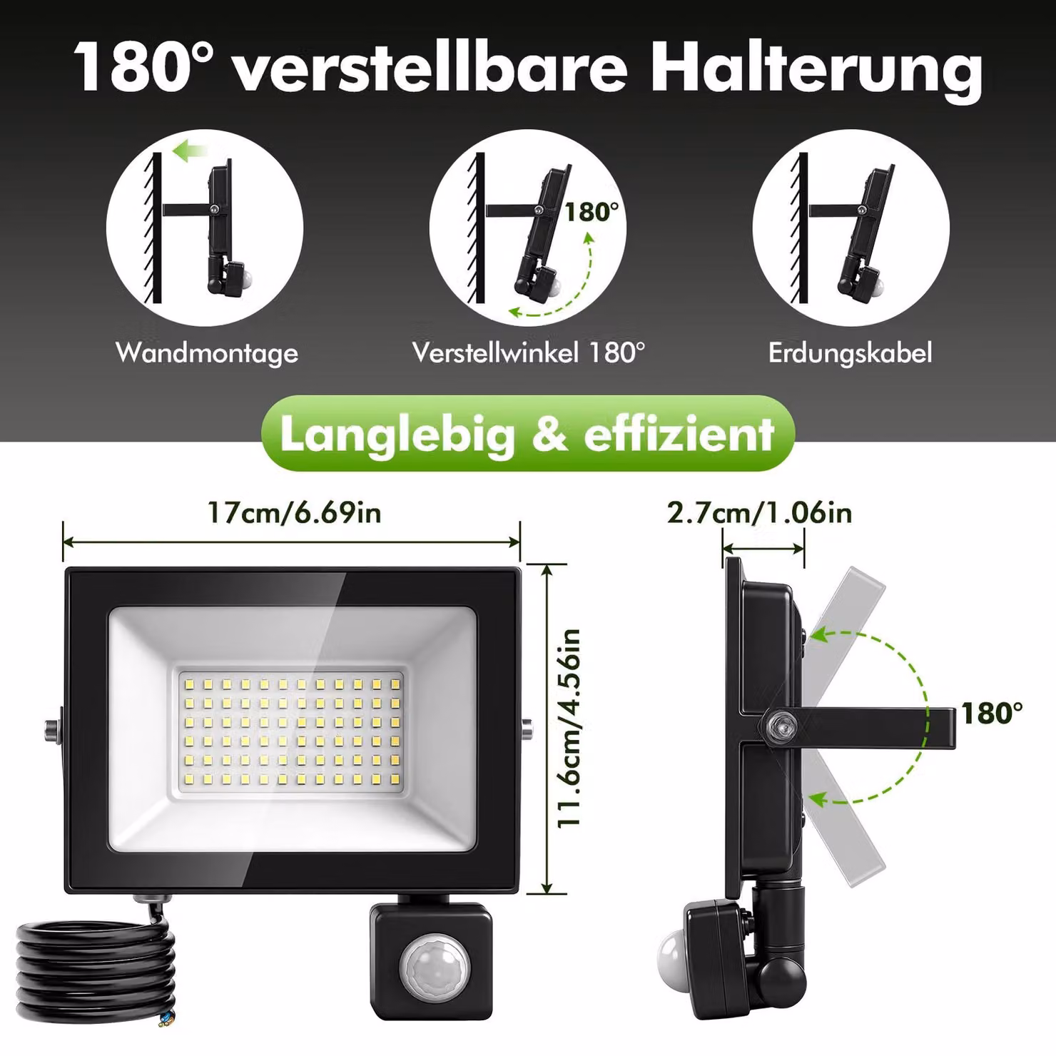 Faretto LED da esterno - 50 W - 1 unità - 6500 K - Sensore di movimento - Impermeabile - Adatto per aree esterne