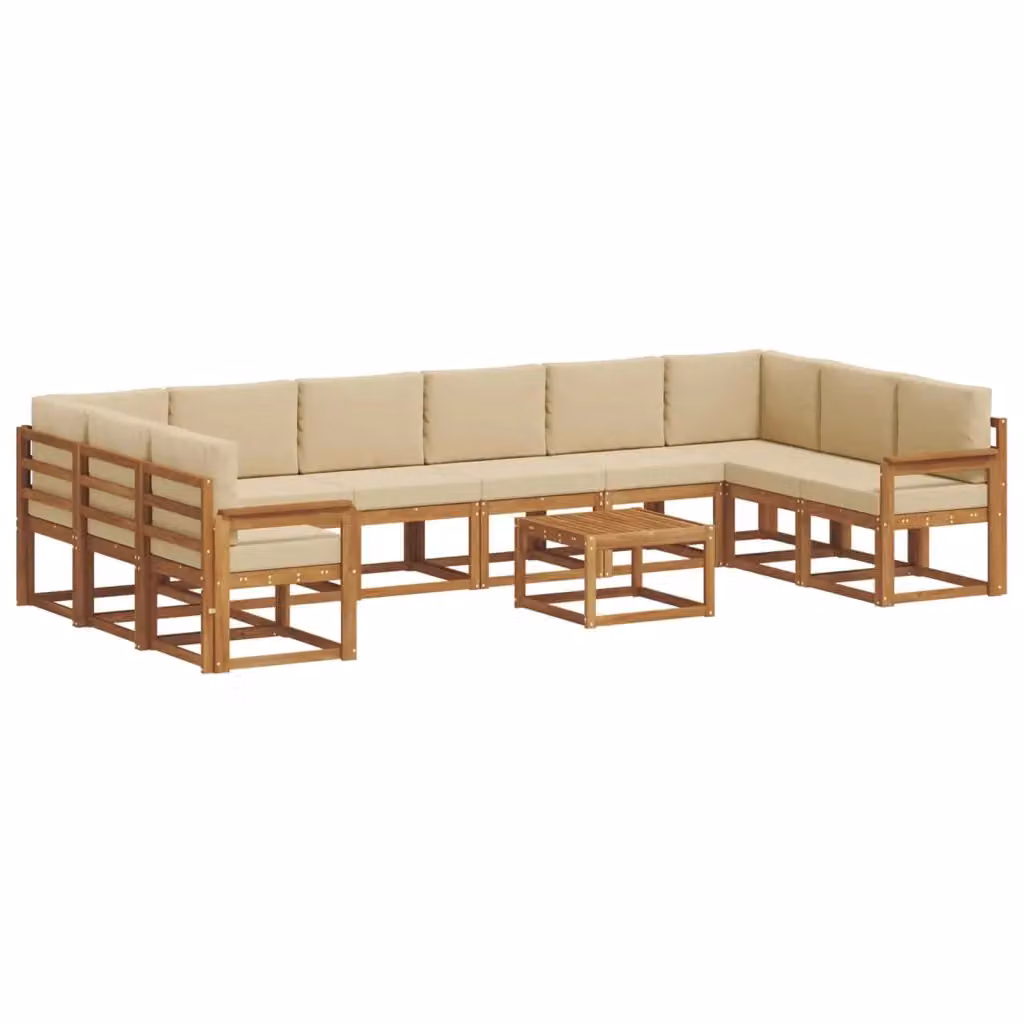 Set di divani da esterno vidaXL in legno di acacia con cuscini beige e marrone, composto da 11 pezzi con elemento angolare e tavolino da caffè – 2