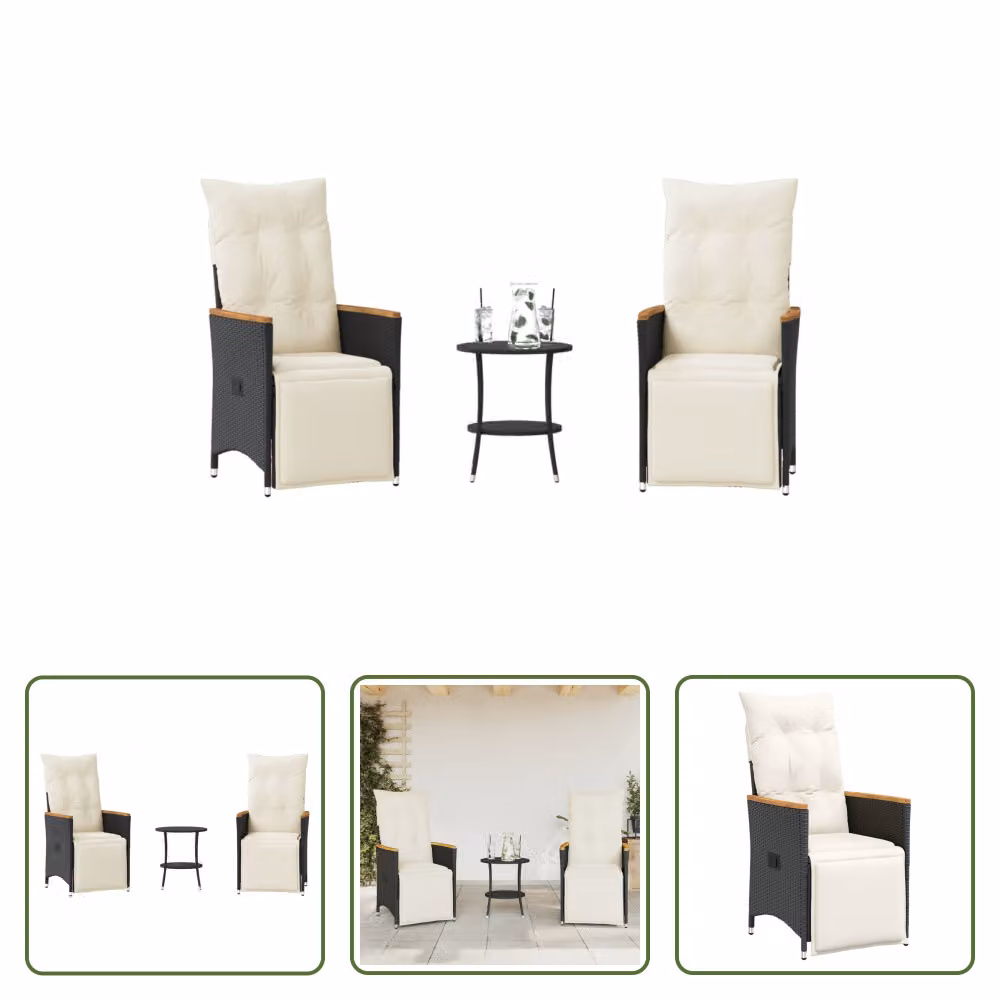 The Living Store Set bistrot 3 pezzi con cuscini in poly rattan nero