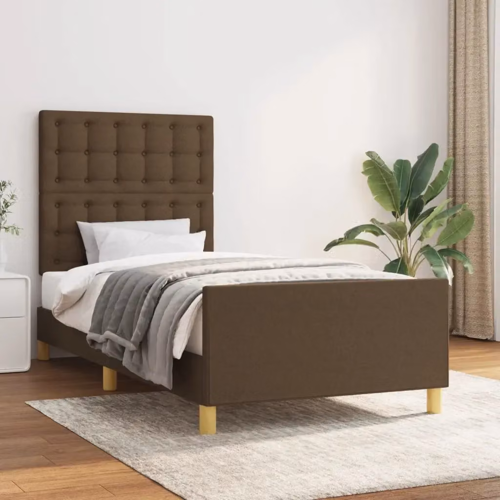 Letto singolo per adulti con testiera in tessuto marrone scuro e struttura in legno di larice L/P/H: 90 x 190 x 128 cm – 2