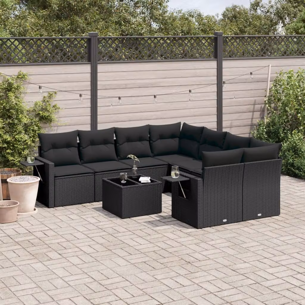 vidaXL Set Divani da Giardino 9 pz a Forma a U in Polyrattan Nero con Cuscini e Tavolino