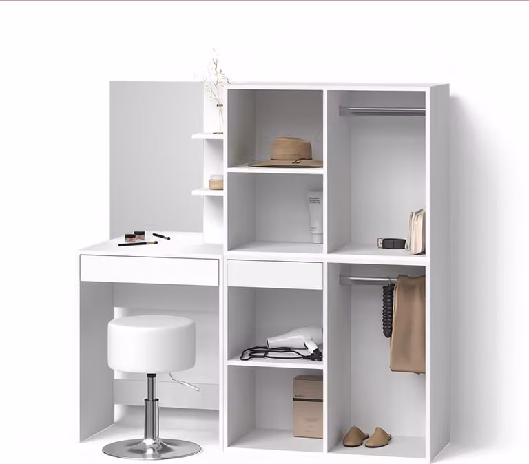 Tavolo da toeletta Livinity Nola Bianco 140 cm con specchio, sgabello e 2 mobili aggiuntivi, Model 52352