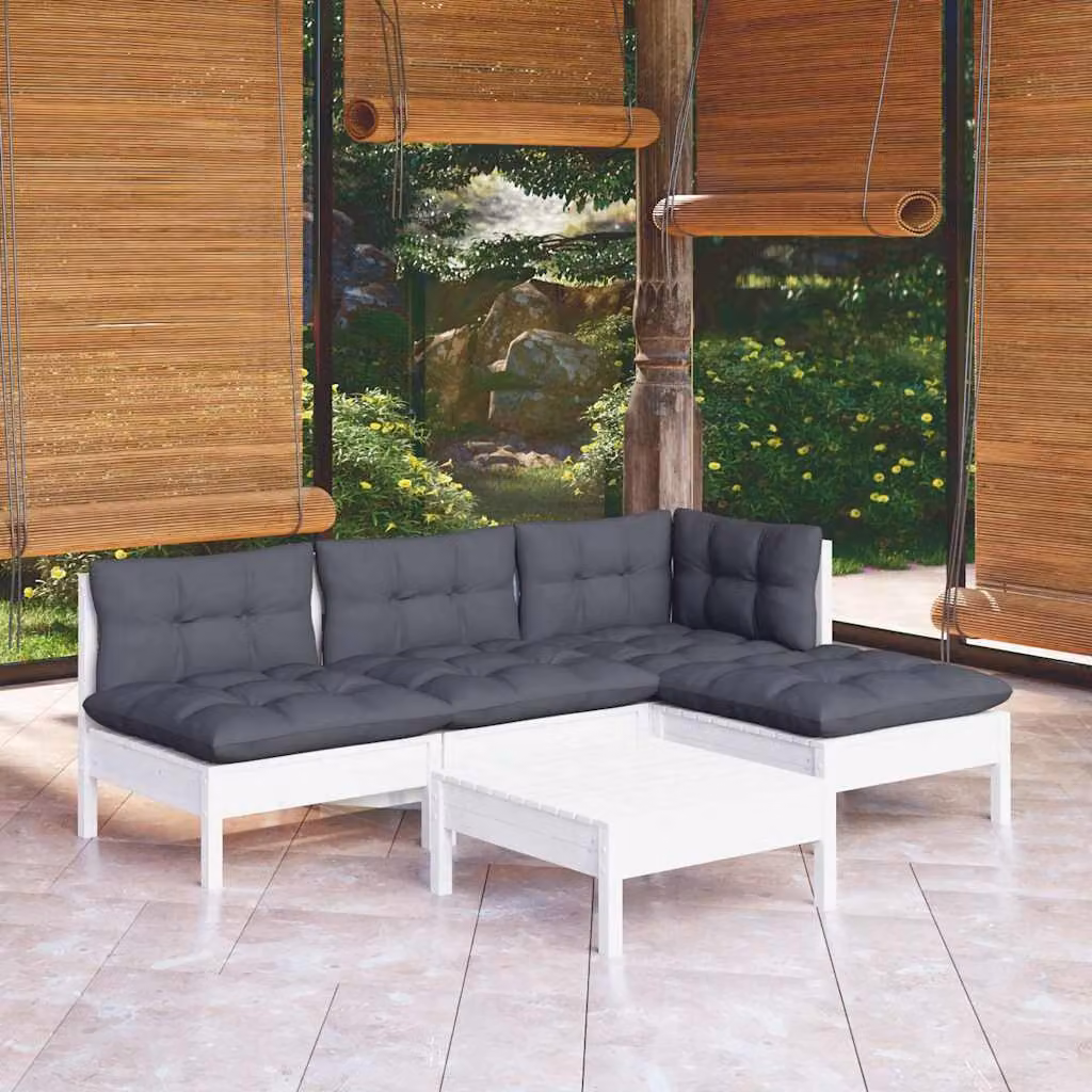 vidaXL Set Divani da Giardino 5 pz a L in Legno di Pino con Cuscini Bianchi e Antracite
