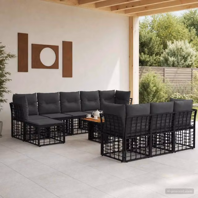 Set Divano da Giardino a L vidaXL in Polyrattan con Cuscini Nero e Grigio – 1