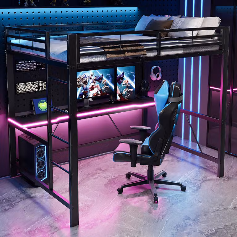 Letto a castello in metallo per gaming, dimensioni 140x200, con illuminazione a LED, stazione di ricarica USB e scrivania, colore nero