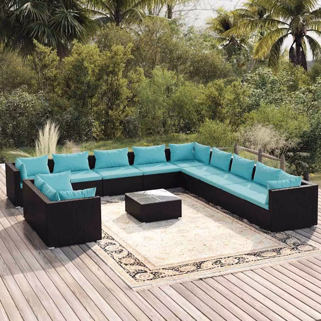 Set Divani da Giardino vidaXL a forma a U con Cuscini Blu e Tavolino da Esterno Nero in Polyrattan e Metallo