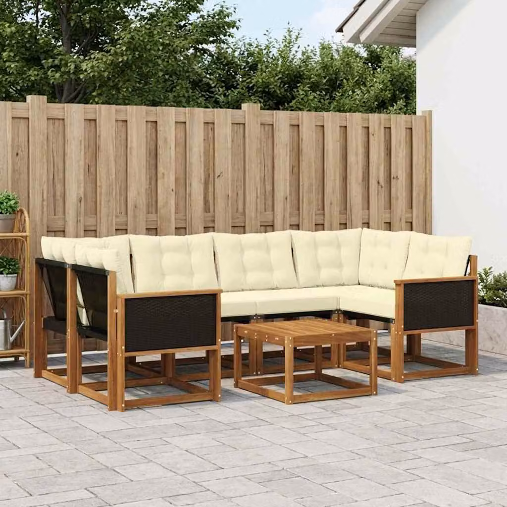 Set di divani da esterno vidaXL 7 pz in legno di acacia con tavolino e cuscini beige e bianco