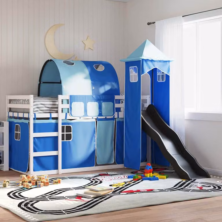 Letto a Castello con Scivolo e Tende in Legno di Pino Blu vidaXL 90x200 cm