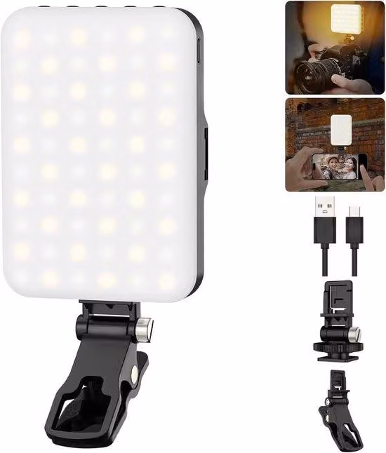 Lampada a LED con 60 luci e batteria da 2200 mAh, 7 modalità, 10 livelli di luminosità, clip per smartphone/tablet/laptop