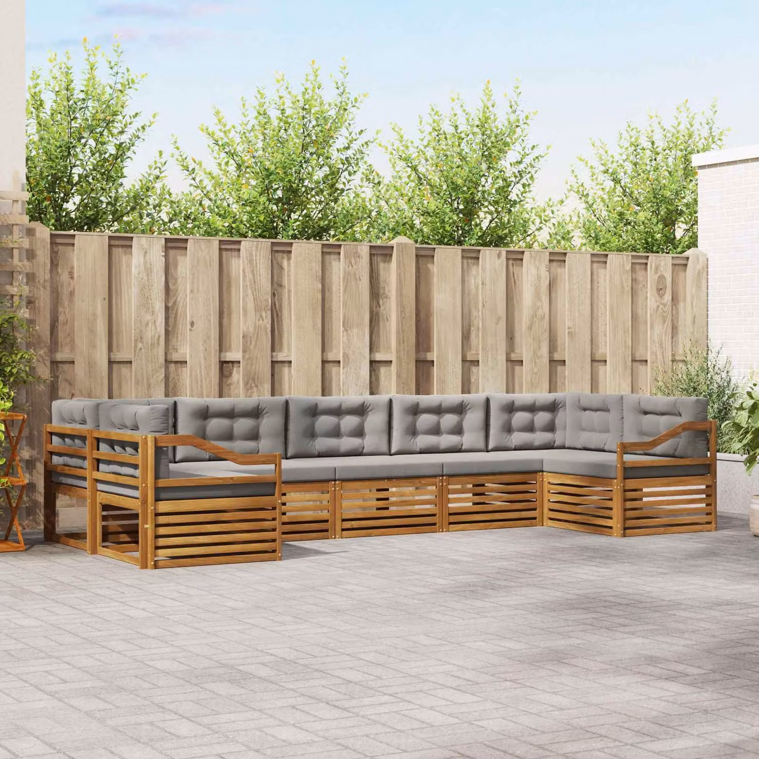vidaXL Set di divani da esterno a L composto da 7 pezzi in legno di acacia con cuscini, Grigio e Marrone