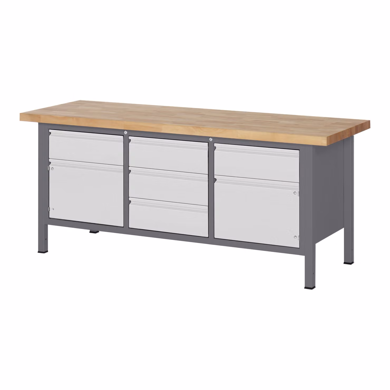 Banco da lavoro STIER Premium regolabile in altezza, 5 cassetti e 2 ante, 200x70x84-104 cm, acciaio e faggio