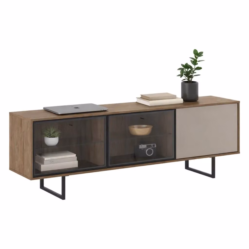 Mobile porta TV Serrata DMORA con 3 ripiani in legno e vetro, Marrone, L: 185 cm, P: 40 cm, H: 60 cm – 2