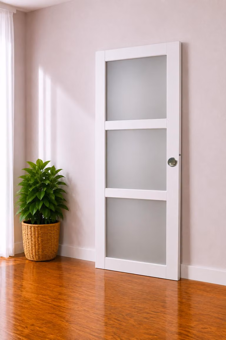 Porta scorrevole Kenya bianca con vetro H204 x L93 cm, conchiglie, maniglia a dito, GD MENUISERIES