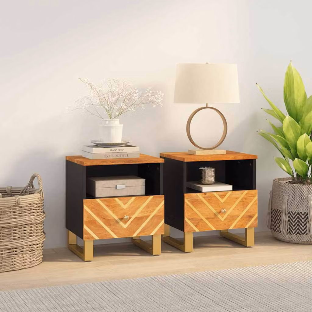 Set di 2 comodini moderni vidaXL in legno di mango marrone e nero