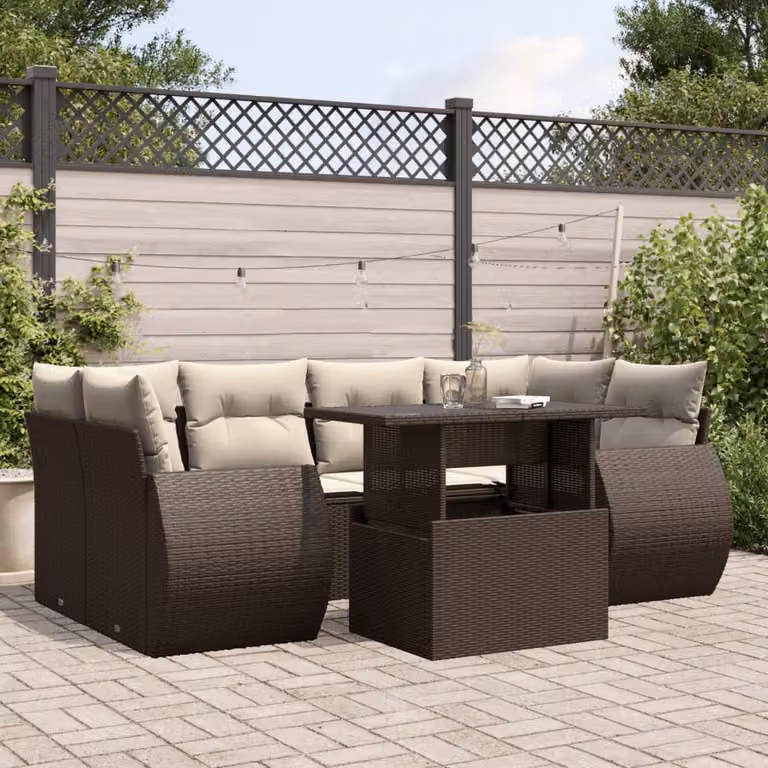 Set di divani da giardino vidaXL 7 pz in polyrattan marrone con cuscini bianchi e tavolino da esterno