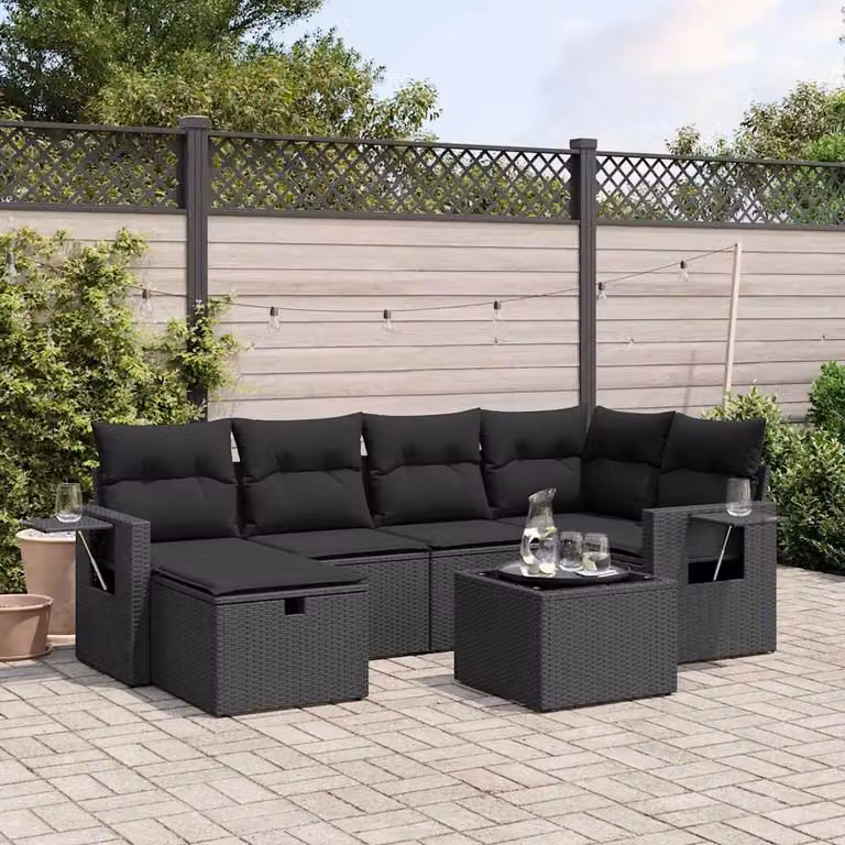 Set Divani da Giardino vidaXL a Forma di L con 7 Pezzi, Colore Nero, con Cuscini e Tavolino da Esterno