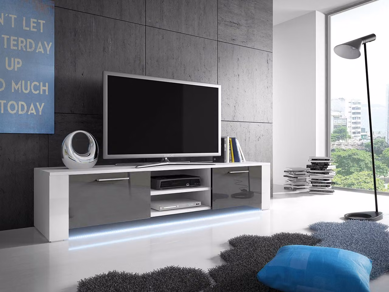 Tavolino per TV con illuminazione a LED FERNS 9 - bianco / grigio lucido