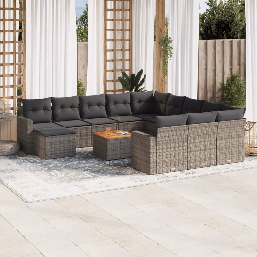 vidaXL Set Divani da Giardino a L 13 pz in Polyrattan Grigio con Cuscini e Tavolino