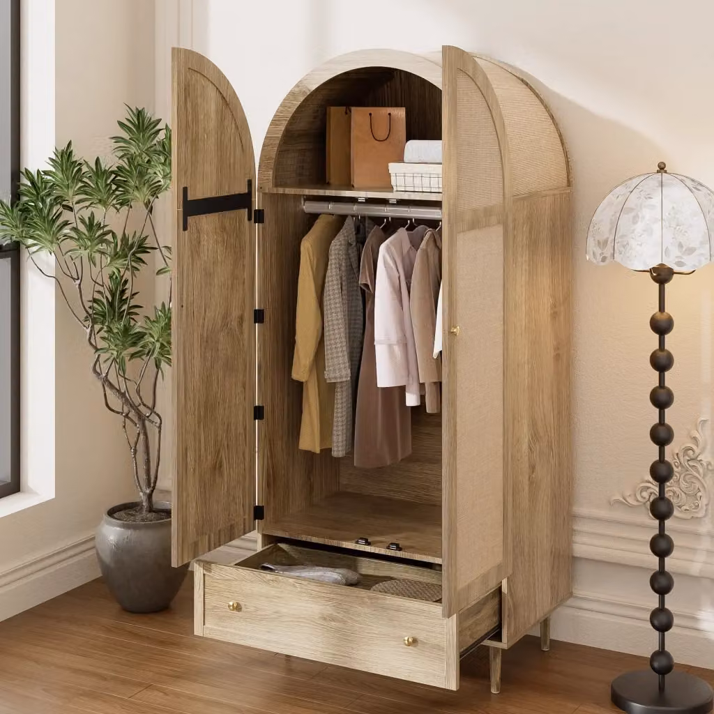 Armadio moderno in MDF rovere marrone con ante in tessuto, cassetti interni, ripiani e barra appendiabiti per camera o soggiorno, L: 79 cm, P: 50 cm, H: 175 cm – 2