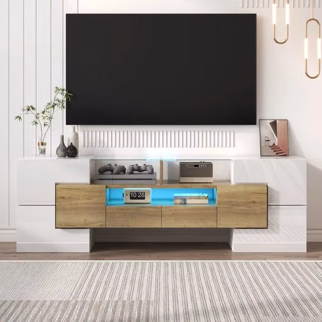 Mobile TV LED con 6 ante, 2 cassetti e 3 vani, finitura bianco lucido e oro, moderno, per soggiorno, 145 × 30 × 51 cm