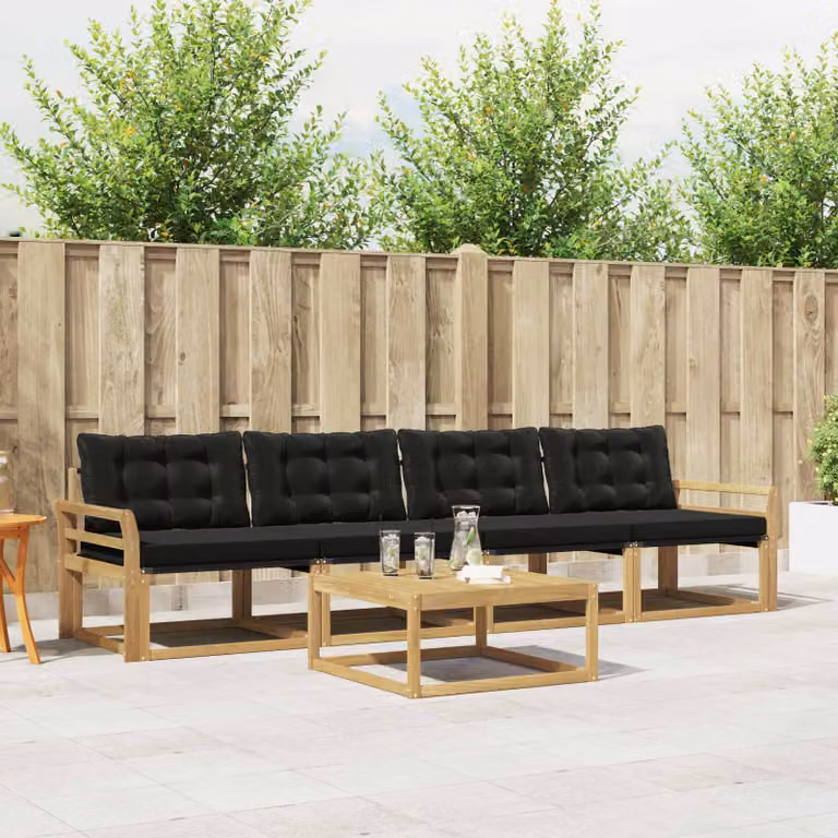Set di divani da esterno vidaXL 5 pezzi in legno di acacia con tavolino e cuscini, Bianco, Nero e Marrone