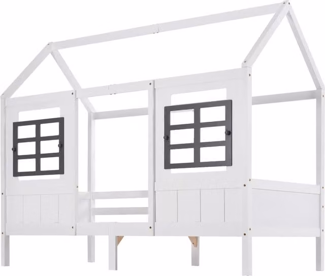 Letto a castello singolo a forma di casa con 2 finestre, struttura in pino e MDF bianco 200x90 cm