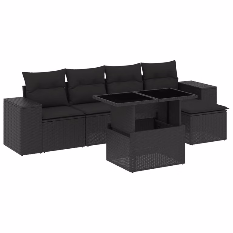 Set Divano da Giardino 6 pz con Cuscini Nero in Polyrattan