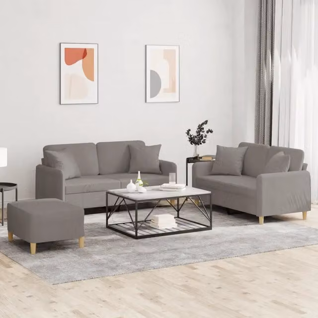 Set di Divani 3 Pezzi vidaXL in Tessuto con Cuscini, Colore Grigio e Beige per Soggiorno Moderno