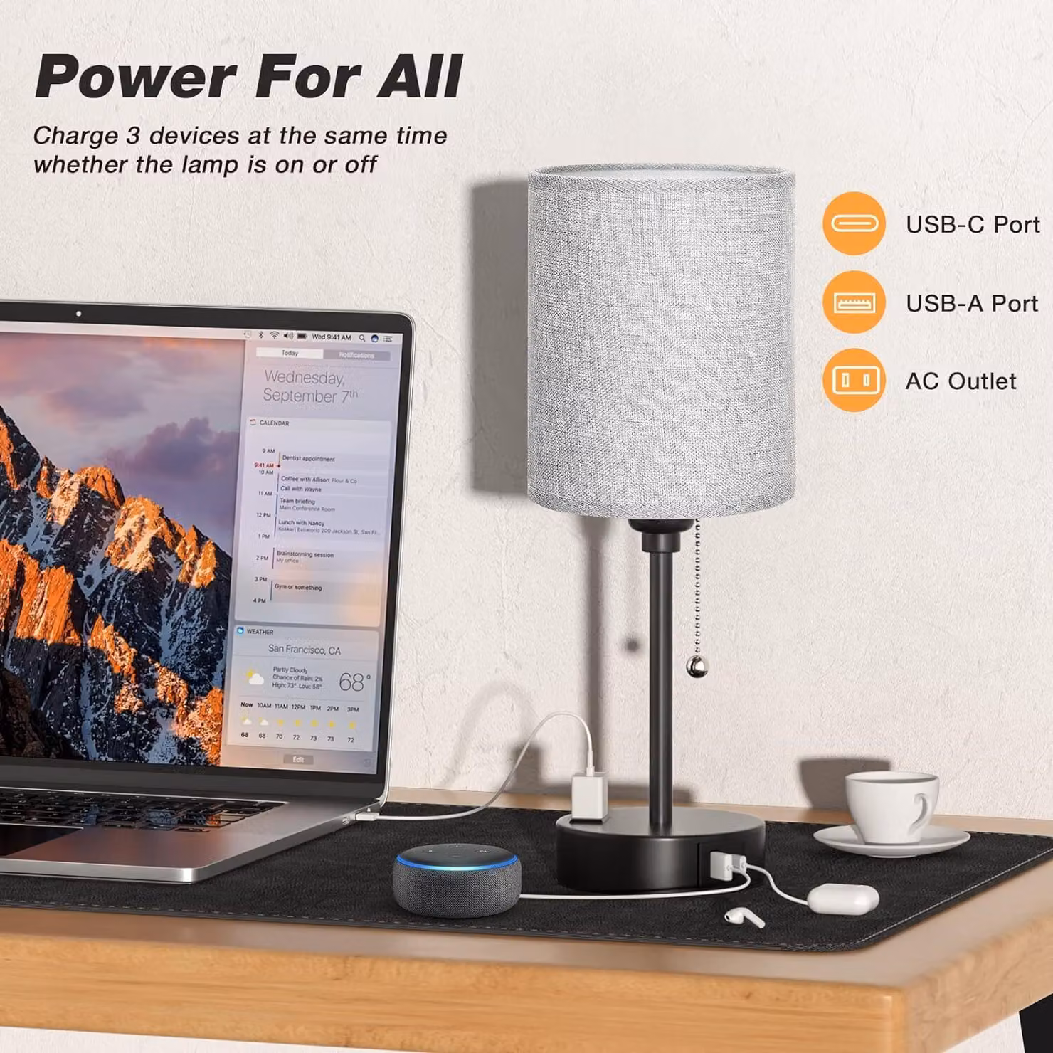 Lampade da tavolo a LED, lampada da comodino dimmerabile, luce notturna a LED, porta USB e uscita CA, lampadina inclusa, per camera da letto e soggiorno, grigio