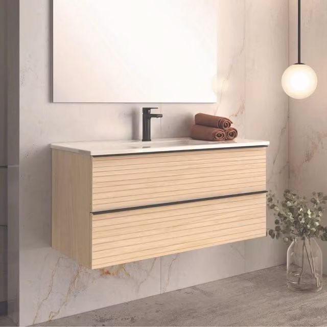 Mobile bagno sospeso rovere chiaro effetto cannettato Senda con 2 cassettoni 100x45.5x48H