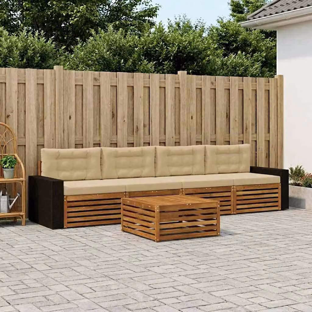 vidaXL Set di divani da esterno 5 pezzi in legno di acacia con tavolino e cuscini, Beige e Sabbia