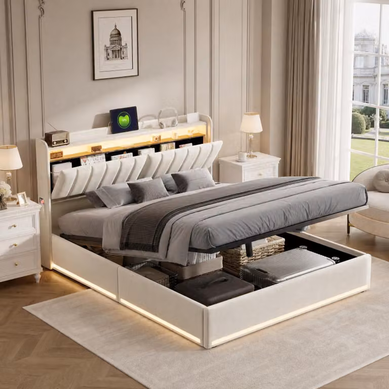 Letto idraulico INONEFT, 160 x 200 cm, letto imbottito con USB e LED, letto per ragazzi, letto matrimoniale con spazio contenitore e rete a doghe, letto per adulti, in velluto, color beige