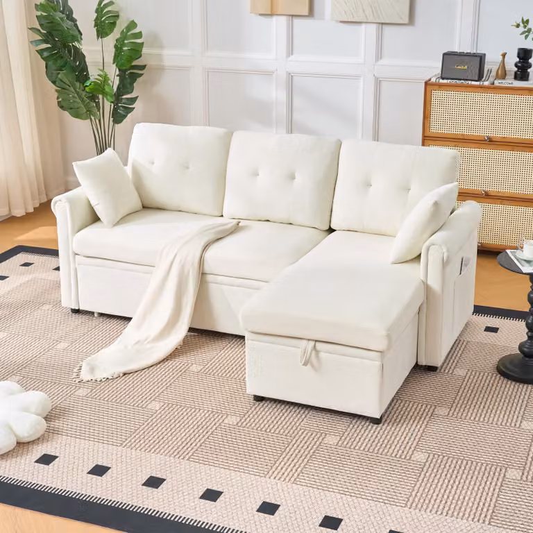 Divano angolare okwish a forma di L, con contenitore per biancheria da letto e funzione letto, divano letto, tre posti, montabile su entrambi i lati, adatto per soggiorno e stanza degli ospiti, color beige