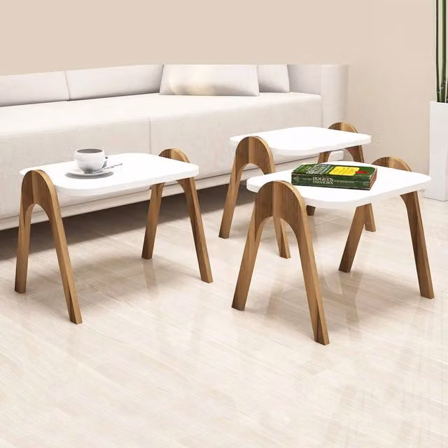 Cerrione, Tavolino da Salotto set 3 Pezzi Impilabili, 49x36x42h cm Bianco