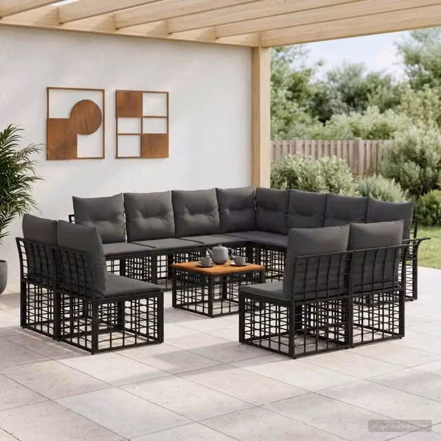 Set di divani da esterno 12 pz Nero e Grigio scuro Poliestere 3437713