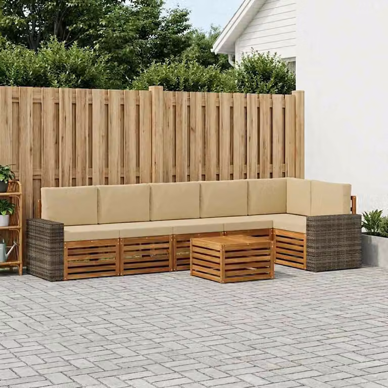 Set di divani da esterno vidaXL 7 pezzi in legno di acacia con tavolo da caffè e cuscini, beige e marrone