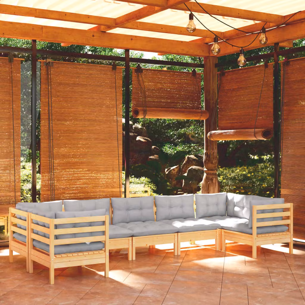 The Living Store Set da salotto da giardino 7 pezzi con cuscini grigi in legno di pino