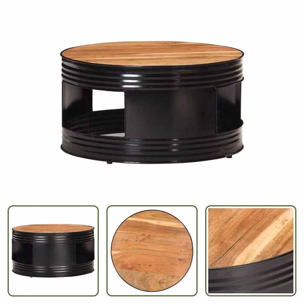 The Living Store Tavolino nero 68x68x36 cm in legno massello di acacia