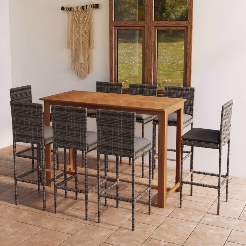 The Living Store Set bar da giardino 9 pezzi con cuscini grigio