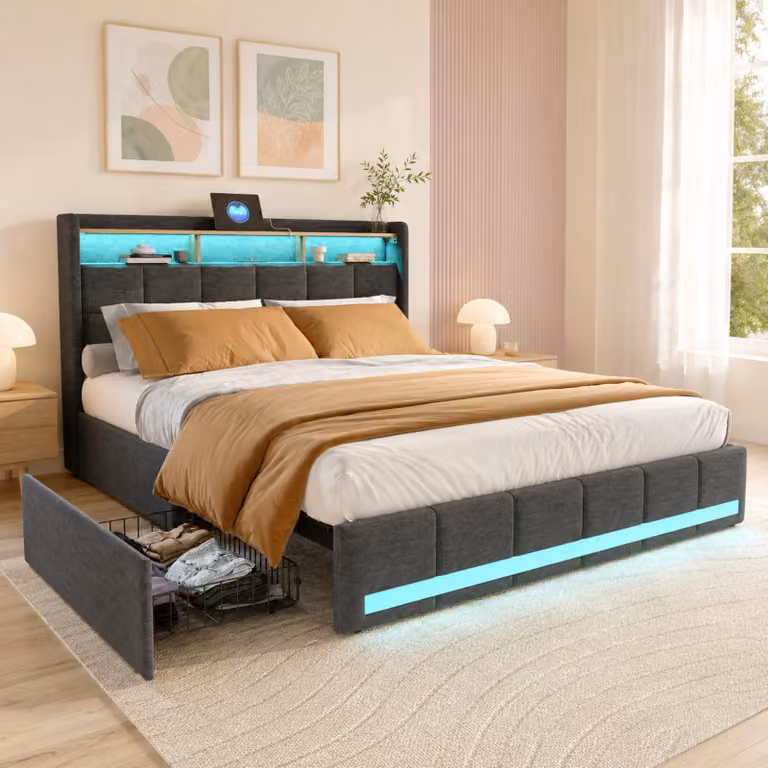 Letto imbottito INONEFT, 140x190 cm, tessuto in lino, colore grigio. Letto matrimoniale con 4 cassetti e illuminazione LED. Testiera con spazio contenitivo e porta USB Type-C. Letto funzionale per ragazzi, completo di rete