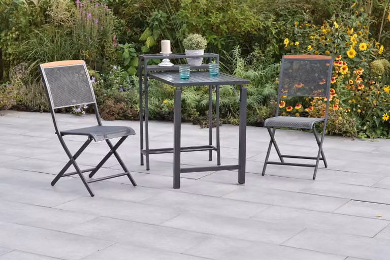 Set di mobili da giardino Merxx Patmos, 3 pezzi: 2 sedie pieghevoli, 1 tavolo pieghevole da balcone – alluminio/acciaio/acacia